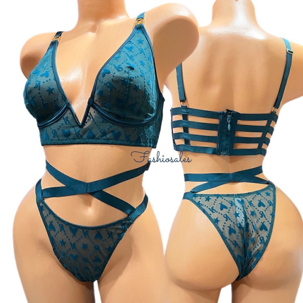 Victoria’s Secret LUXE Set Very Sexy Strappy Bra & Brazilian Slip Mesh Velvet XL